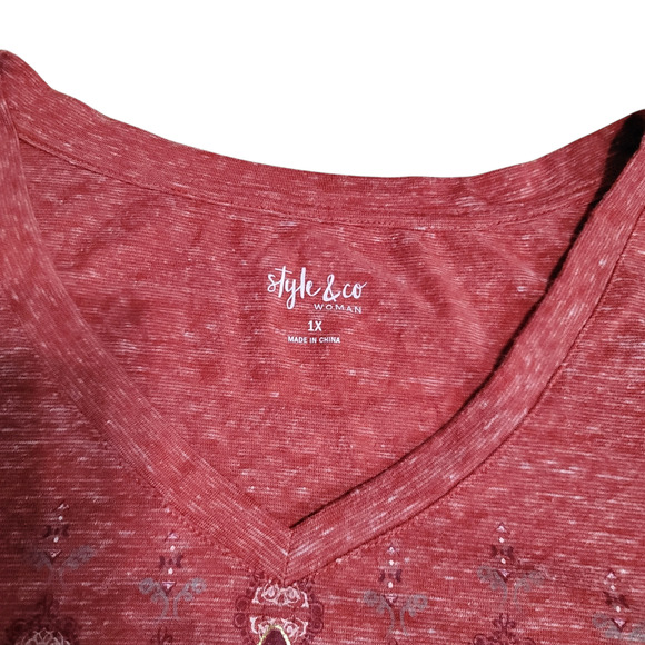 Style & Co. Boho Orange Red V-Neck Short Sleeve Graphic Tee 1X - Picture 6 of 9